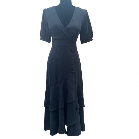 Lulu's Women’s Black Button-Up Short Sleeve Midi Cascading Ruffles Dress Size XS - Picture 3 of 15